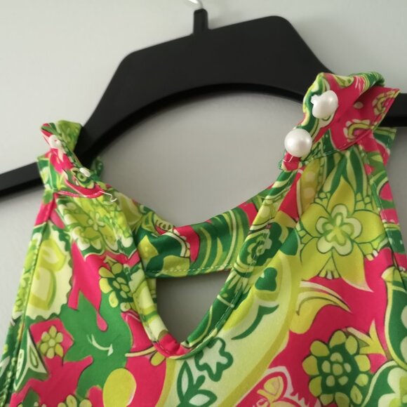 Green Pink Paisley Off The Shoulder Halter Blouse Top - Picture 6 of 7